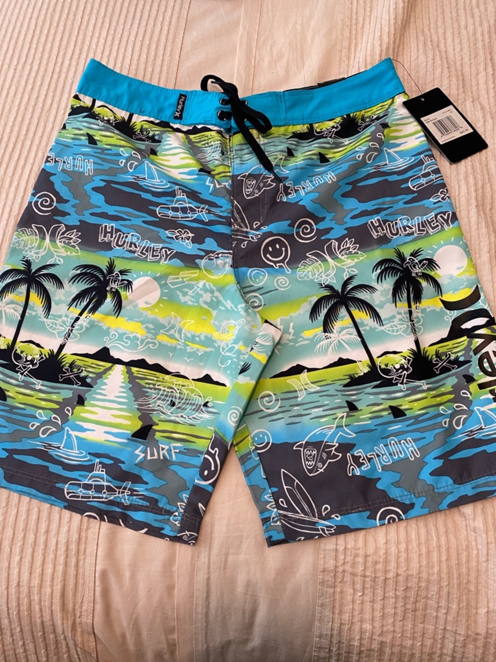 Hurley Boys Teal Blue Lime Tropical Swim Trunks